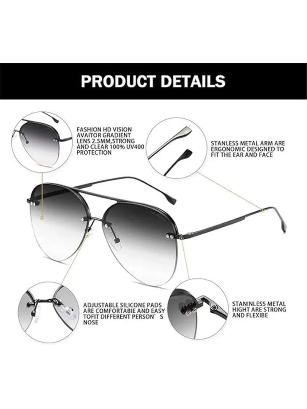 Womens Rimless Aviator Sunglasses Oversized Gradient Lens UV400 Frameless Shades
